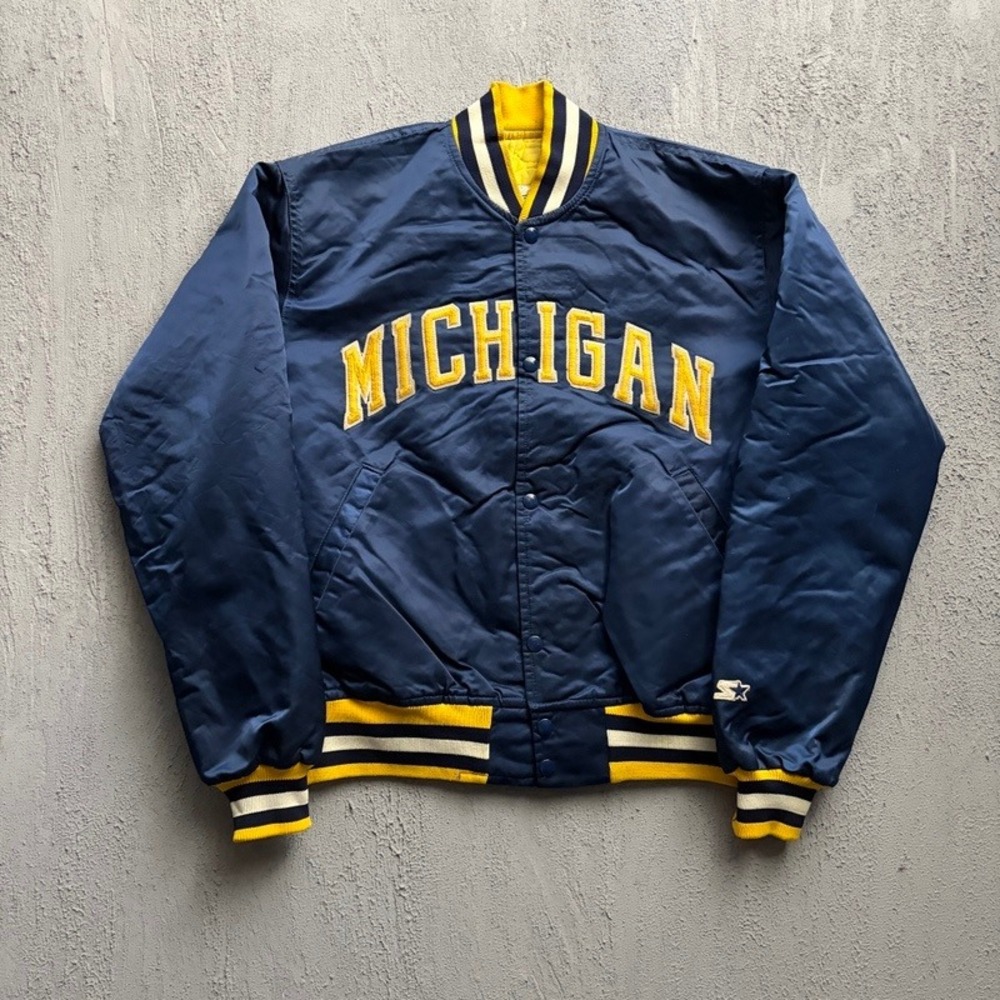 Vintage University Of Michigan Satin Bomber Jacket Large Blue 1990s NCAA Starter